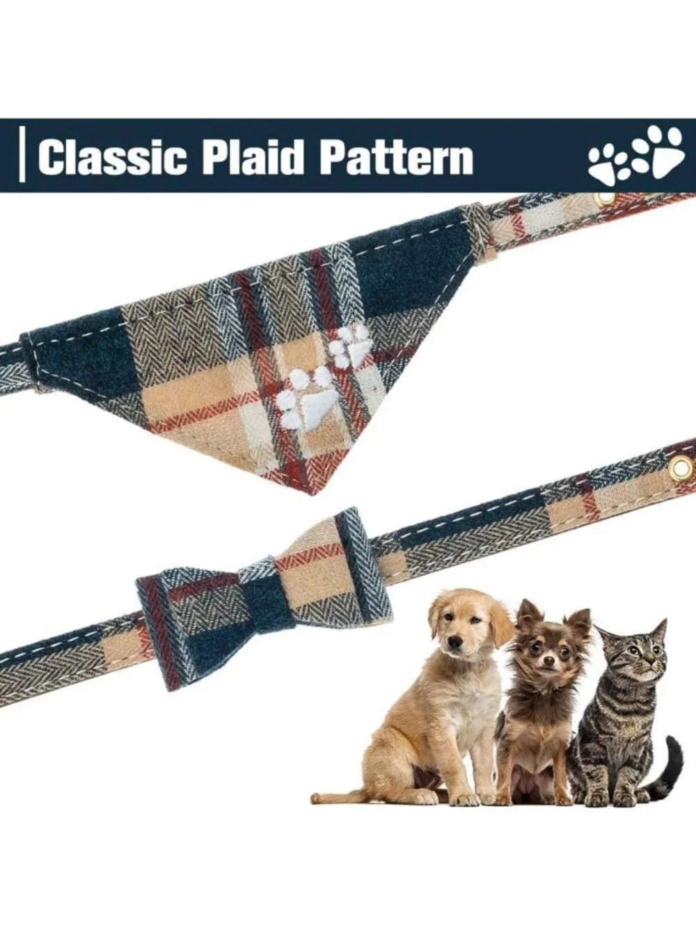 Plaid Puppy Collar & Leash Set with Bow Tie, Bandana & Bell - Khaki Dog